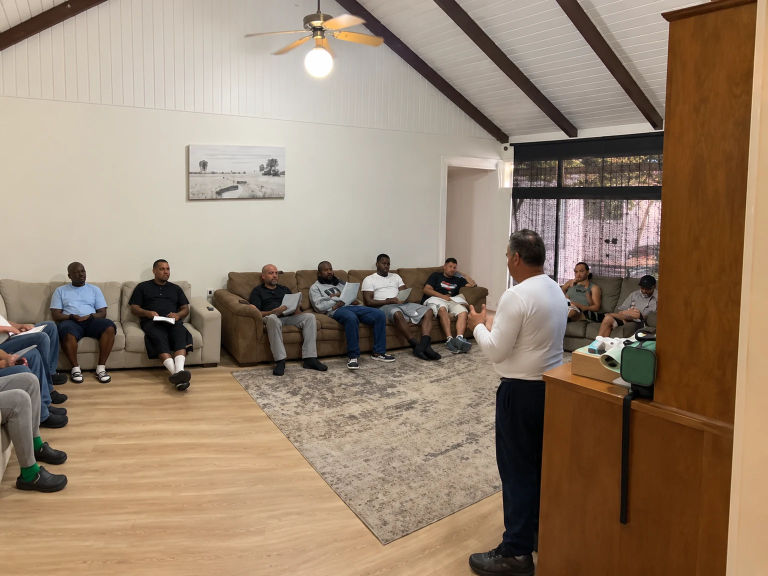 AI-enhanced photograph of a group gathering in a shared living room